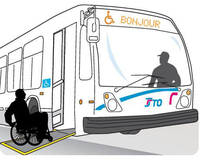 Illustration d'une personne montant à bord d'un autobus munis d'une rampe d'accès pour personne en fauteuil roulant