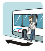 Image illustrant le débarquement de l'autobus: ne jamais traverser devant l'autobus, utiliser la porte arrière.